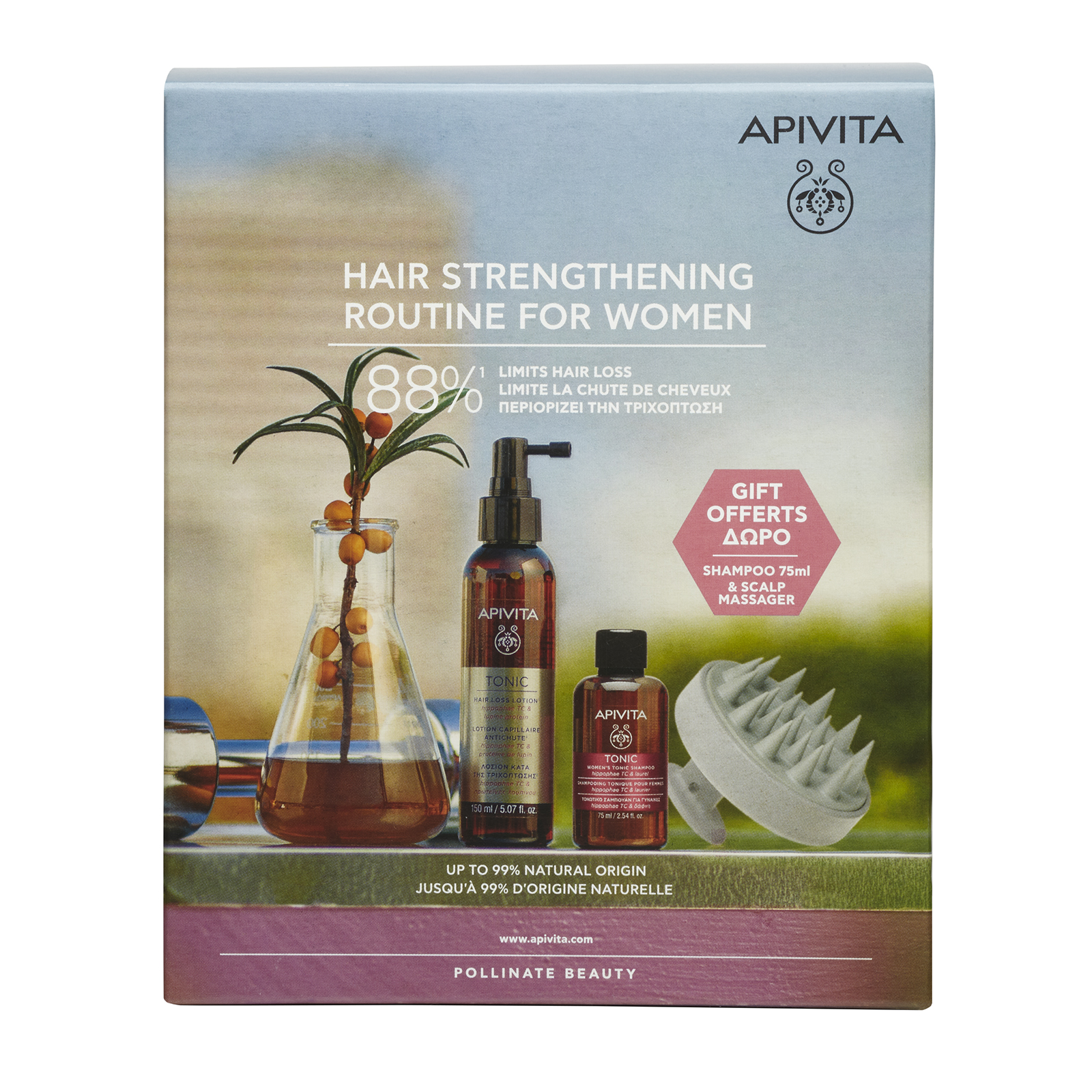 APIVITA Набор против выпадения волос для женщин, 150 мл + 75 мл + массажная щетка для волос