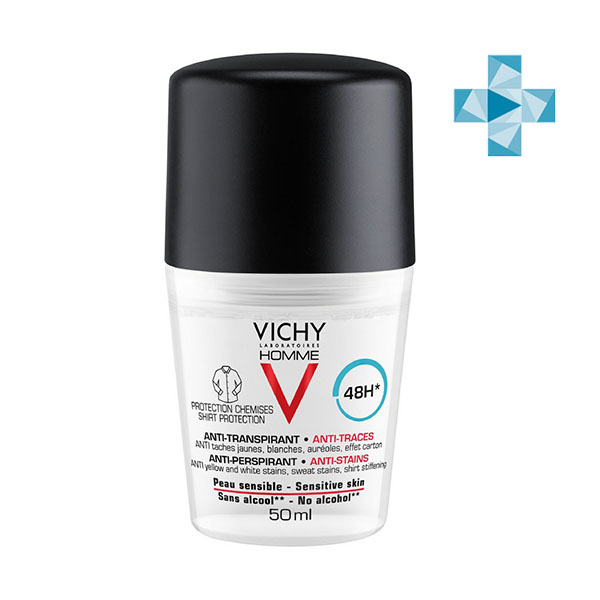 VICHY HOMME Шариковый дезодорант-антиперспирант для мужчин, защита от пятен 48 часов, 50 мл